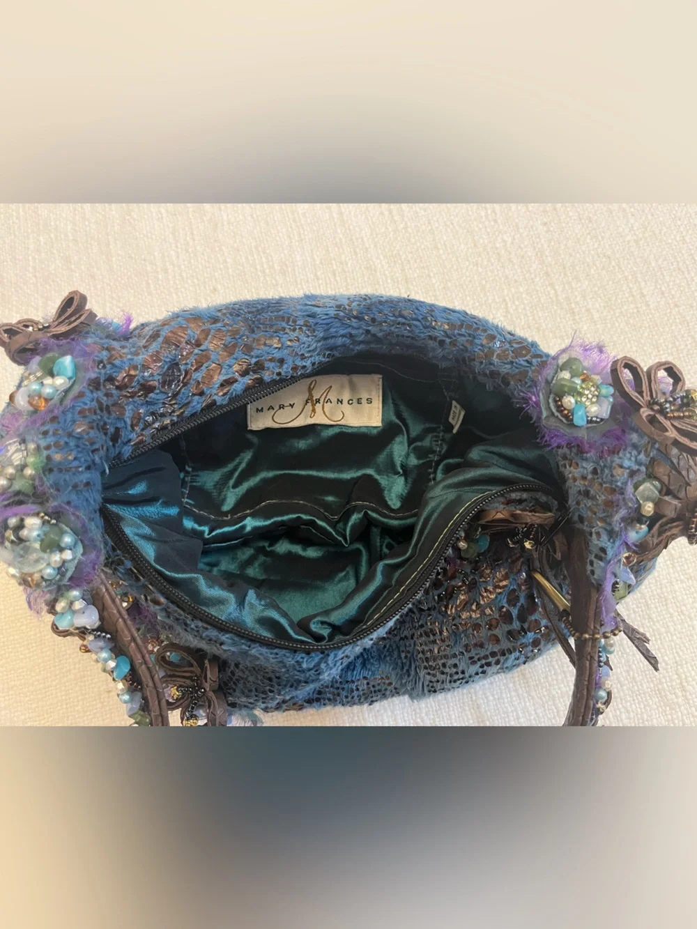 MARY FRANCES Handmade Embellished Handbag Purse Vintage Blue Floral Beads Vntg